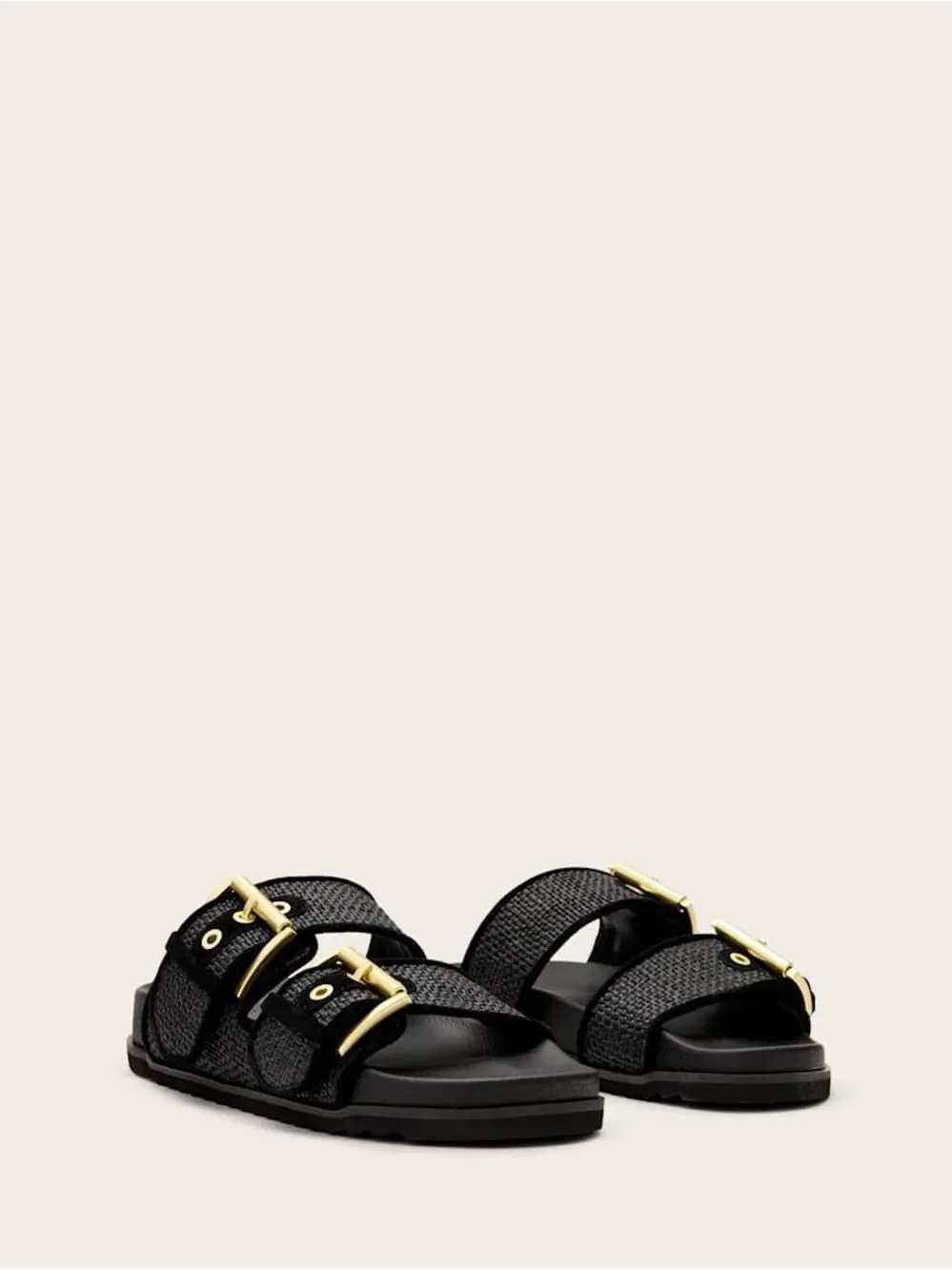 AllSaints Black Woven Double-Strap Slides with Metallic Buckles SB9